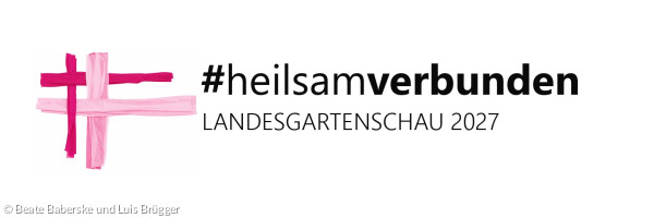 Logo mit zwei Kreuzen aus Tüchern in Magenta und Pink
