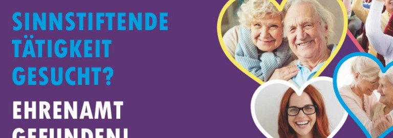 Plakat mit Herzen auf lila Hintergrund, in denen Bilder von Menschen zu sehen sind