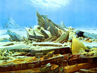 Eismeer von Caspar David Friedrich mit aufgetürmten Eisschollen und versunkenem Schiff